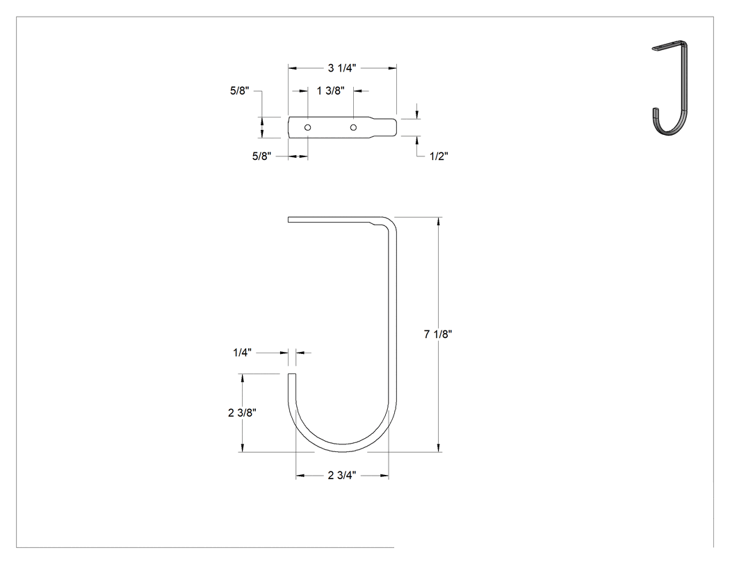 Teknik Çizim - Alt Montaj Kancası, 5/8" Genişlik x 7-1/8" Yükseklik x 3-1/4" Derinlik