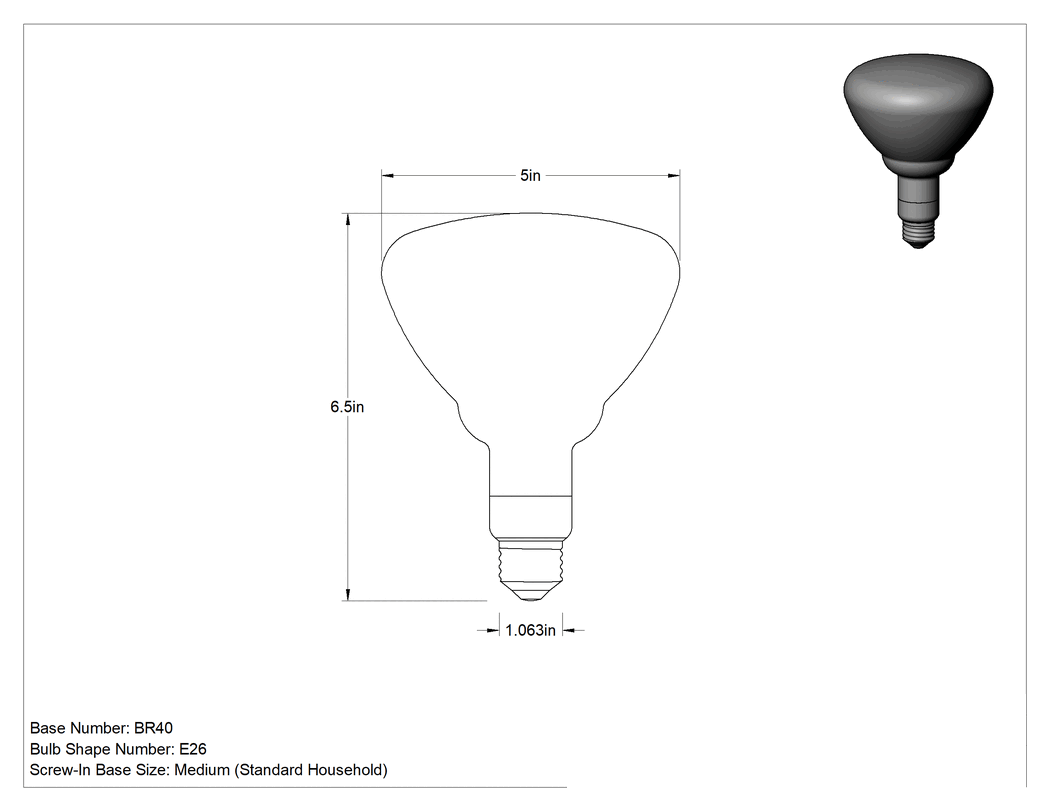 Teknik Çizim - Cam Isıtma Lambası Ampulü, BR40, 125W, Şeffaf