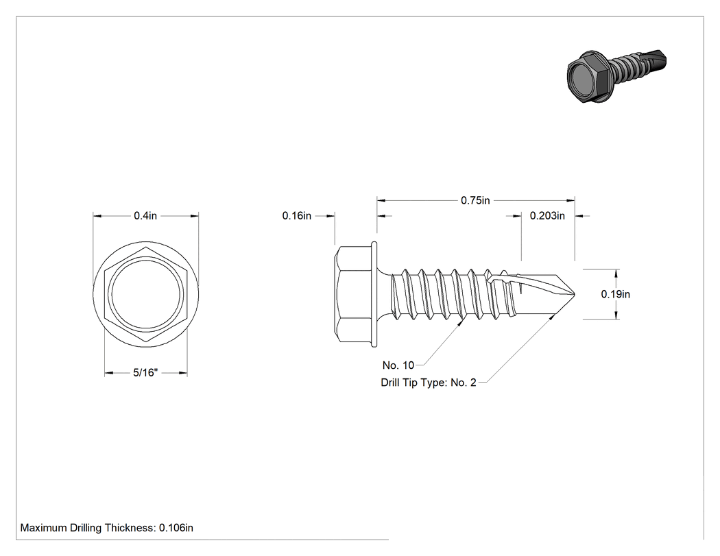 Teknik Çizim - 18-8 Paslanmaz Çelik Flanşlı Altıköşe Başlı Delme Vidaları, Numara 10 Vida, 3/4" Uzunluk, 2 Numara Matkap Ucu