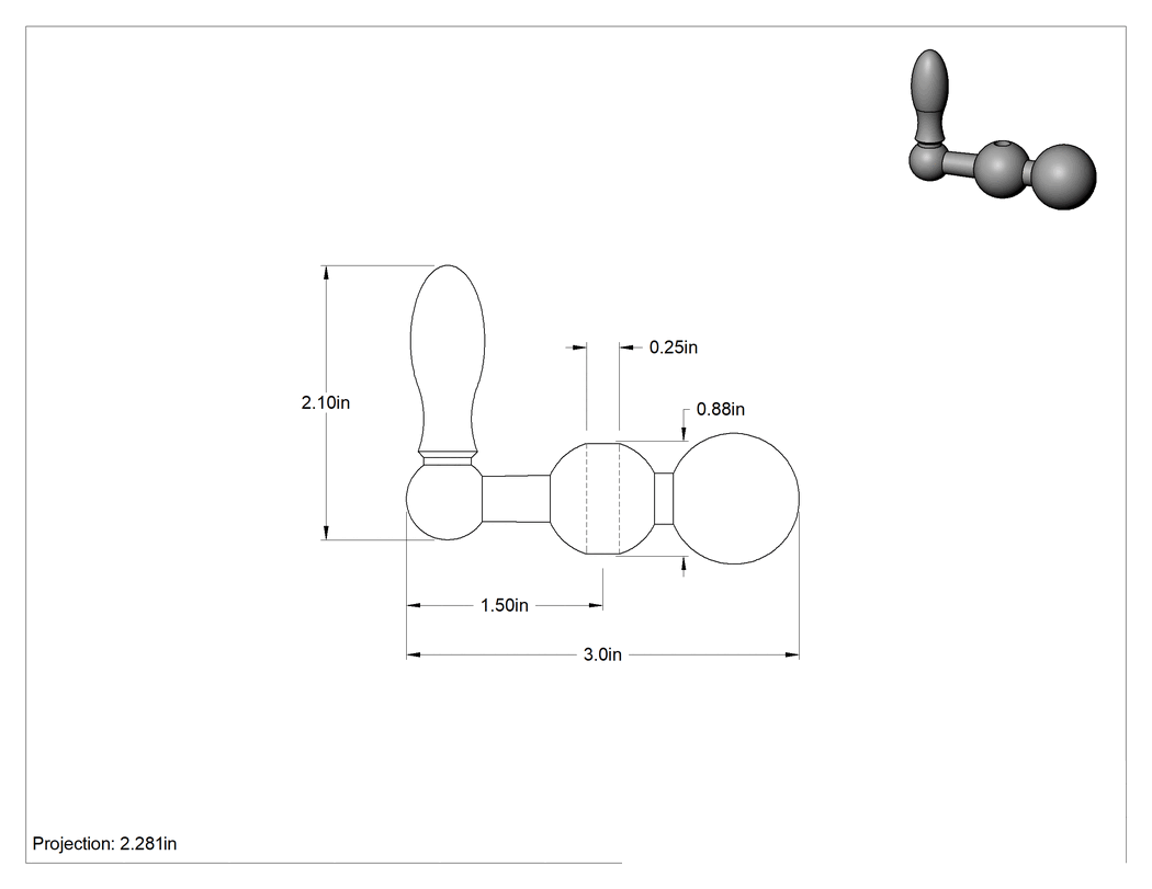 Teknik Çizim - Dengeli, İşlenebilir Göbek Montajlı Krank Kolu, Sabit Tutamaklı, 1-1/2" Uzunlukta Sap