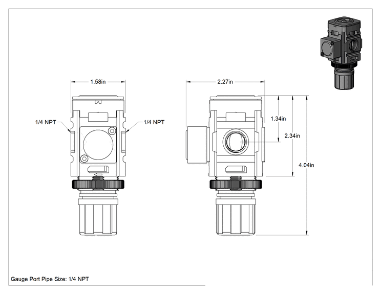 Teknik Çizim - Wilkerson Hava Regülatörü, Seri R08, 1/4 NPT