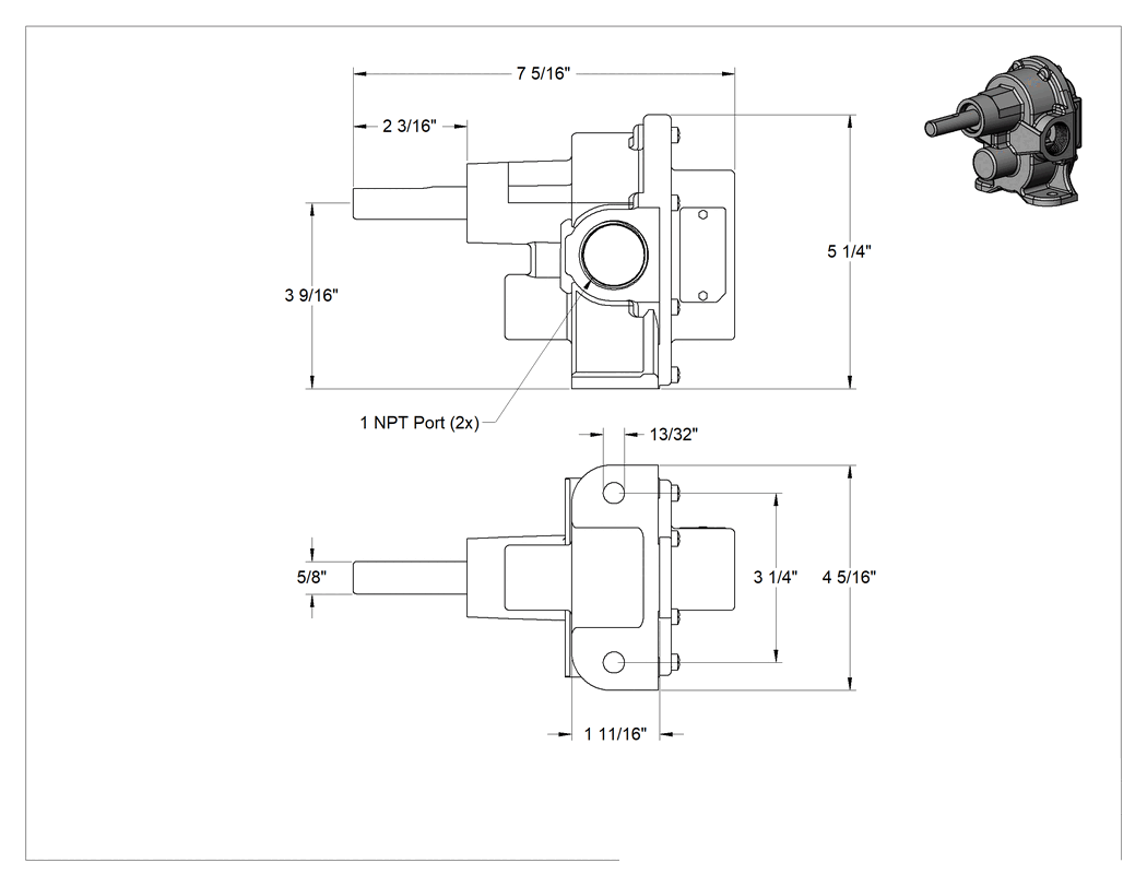 Teknik Çizim - Motorlu Olmayan Sabit Akış Hızlı Su Pompası, Esnek Ağızlı, 25 PSI'da Maksimum 22.2 gpm