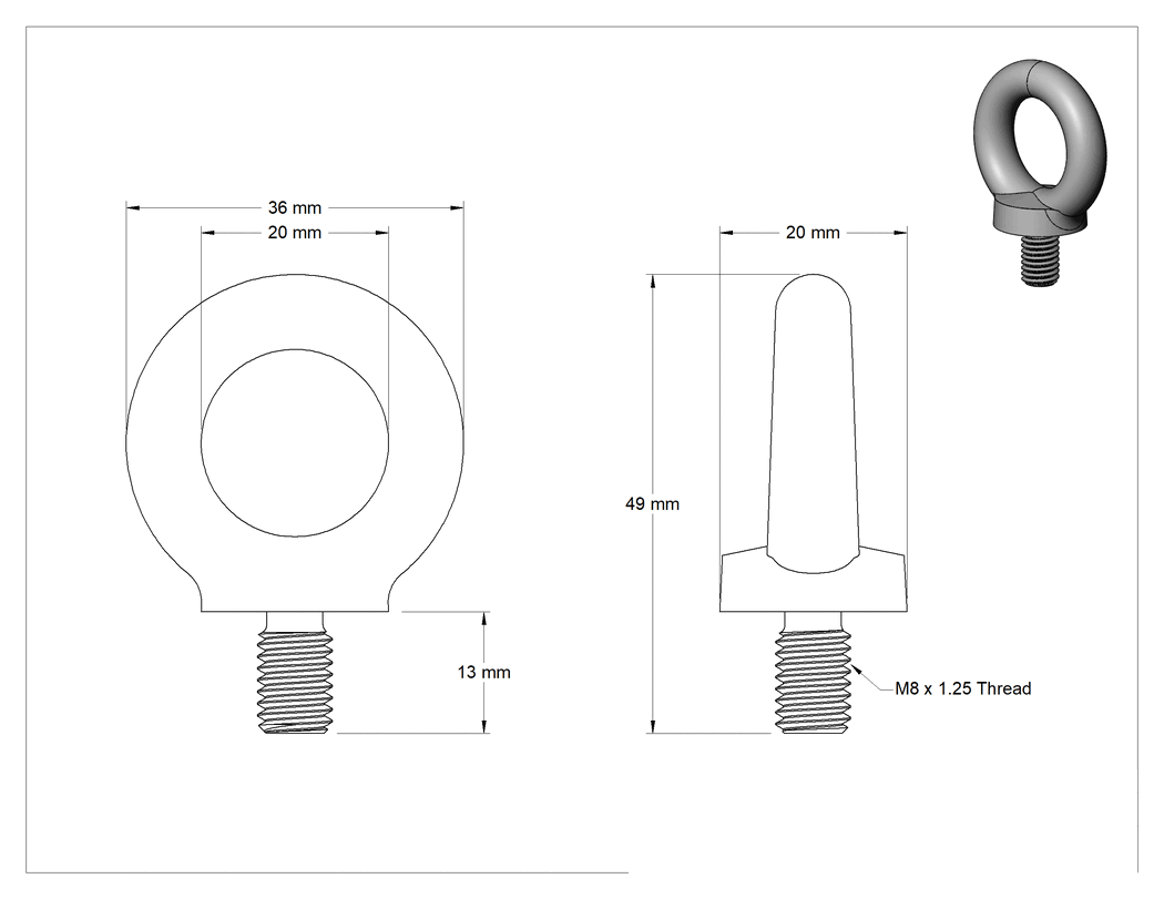 Teknik Çizim - 316 Paslanmaz Çelik Halka Cıvata - Kaldırma için, M8 x 1.25 Diş Boyutu, 13 mm Diş Uzunluğu