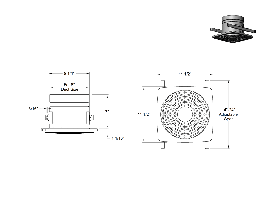 Teknik Çizim - Tavana Monte Lavabo Egzoz Fanı, 8" Çapında Yuvarlak Kanal için