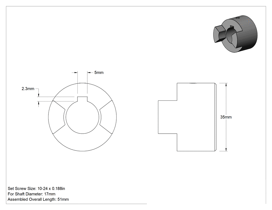 Teknik Çizim - Setskur Esnek Mil Kaplini, Çelik, 51 mm Toplam Uzunluk, 35 mm Dış Çap, 17 mm şaft çapı için