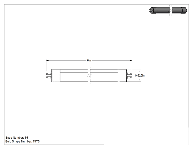 Teknik Çizim - Çift Pimli Tüp Ampuller, F4T5, 6" Toplam Uzunluk, 4000K, 150 lümen, 82 CRI