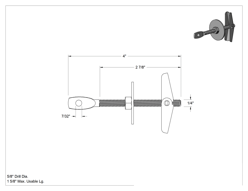 Teknik Çizim - Kelebek Cıvata Tipi Askılar, 1/4"-20 Diş, 4" Uzunluk