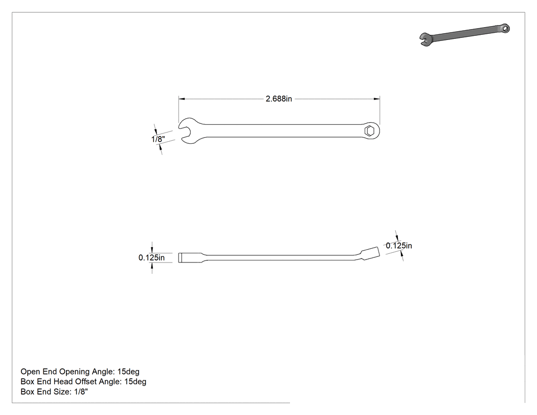 Teknik Çizim - Parlatılmış Krom Kaplama Kombinasyon Anahtarı, 6 Noktalı Açıklıklı, Kısa, 1/8" Boyut, 2-11/16" Toplam Uzunluk