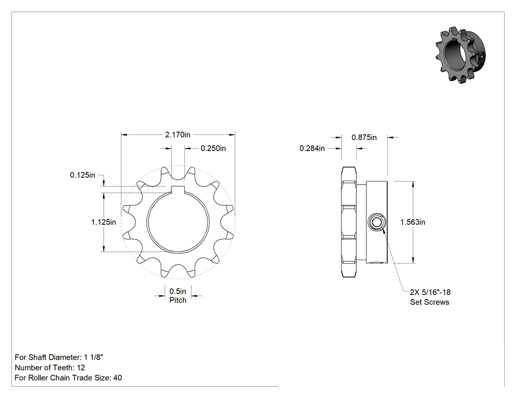 Teknik Çizim - Çelik Tek Sıralı Dişli, ANSI 40 Makaralı Zincir ve 1-1/8" Mil Çapı için, 12 Diş