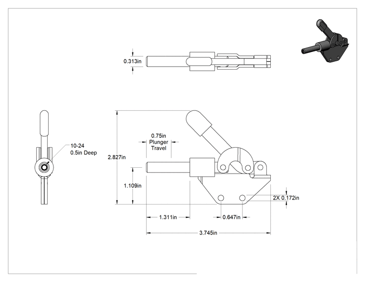 Teknik Çizim - Ray Üzerine Monte İtme/Çekme Mandal Kelepçesi, 250 lb Taşıma Kapasitesi