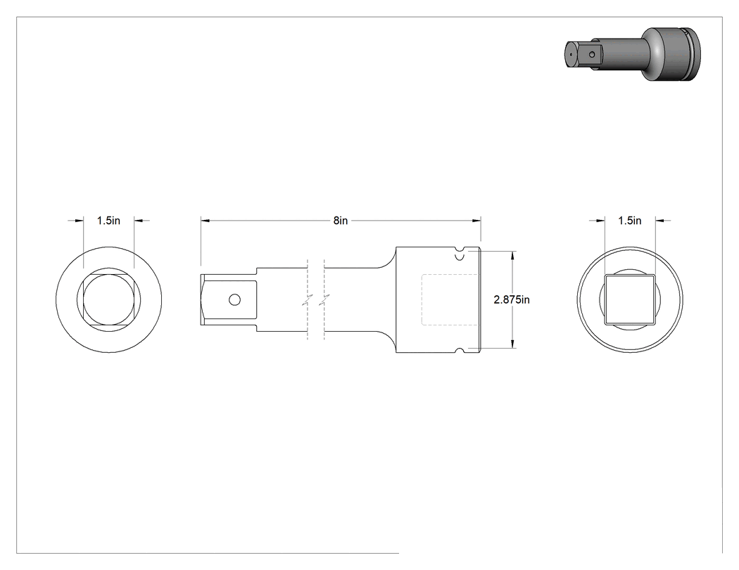 Teknik Çizim - 1-1/2" Kare Tahrikli Darbeli Soket Uzatma Parçası, 8" Uzunluk