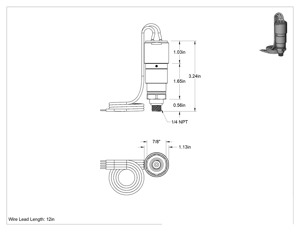 Teknik Çizim - Kompakt Basınç Şalteri, Kılavuzlu, UN/UNF SAE Düz, 100-1000 PSI Ayar Noktası