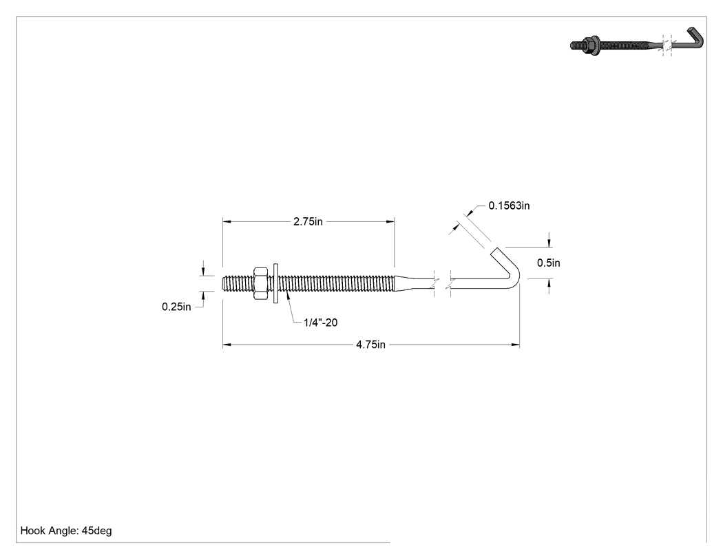 Teknik Çizim - Somun ve Pullu Düşük Mukavemetli Çelik Sabitleme Cıvatası, Düz Kancalı, Çinko Kaplamalı, 1/4"-20 Diş Boyutu, 4-3/4" Uzunluk