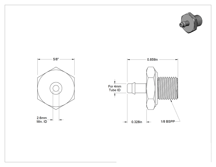 Teknik Çizim - Alüminyum Düşük Basınçlı Tırnaklı Boru, Hava ve Su için, 4 mm Boru x 1/8 BSPP Erkek için Adaptör