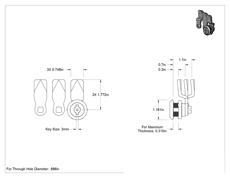 Teknik Çizim - Titreşime Dayanıklı İki Yönlü Tahrikli Kam Kilidi, 316 Paslanmaz Çelik, 3 mm Anahtar Boyutu