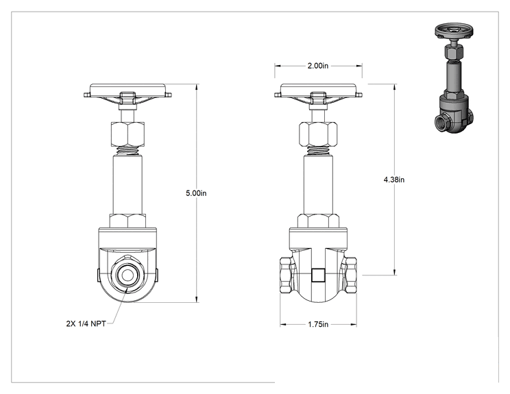 Teknik Çizim - Bronz Gövde ve Sürgülü Kademeli Açma/Kapama Vanası, Tekerlek Kolu ve Yükselen Mil, Sınıf 125, 1/4 NPT Dişi