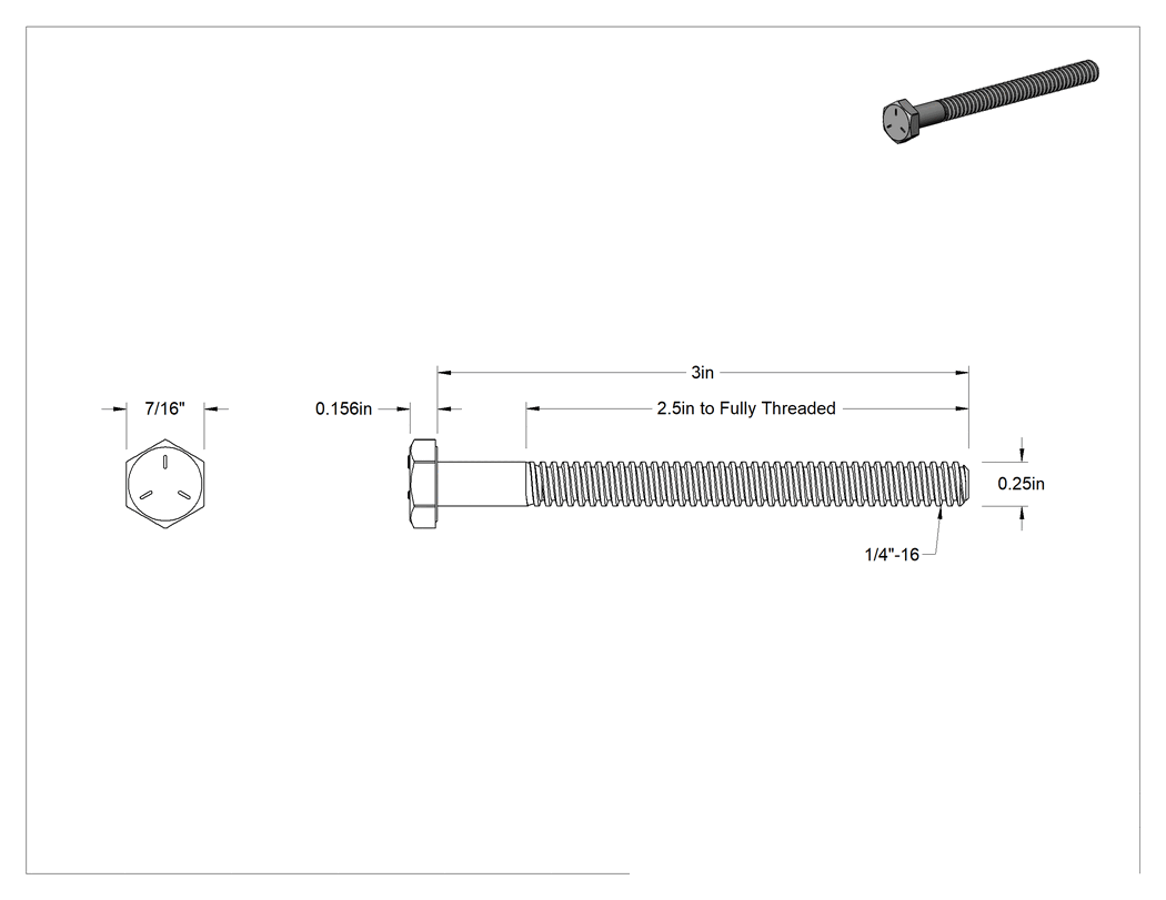 Teknik Çizim - Acme Sağ Yönlü Altıköşe Başlı Vida, 1/4"-16 Diş Boyutu, 3" Uzunluk