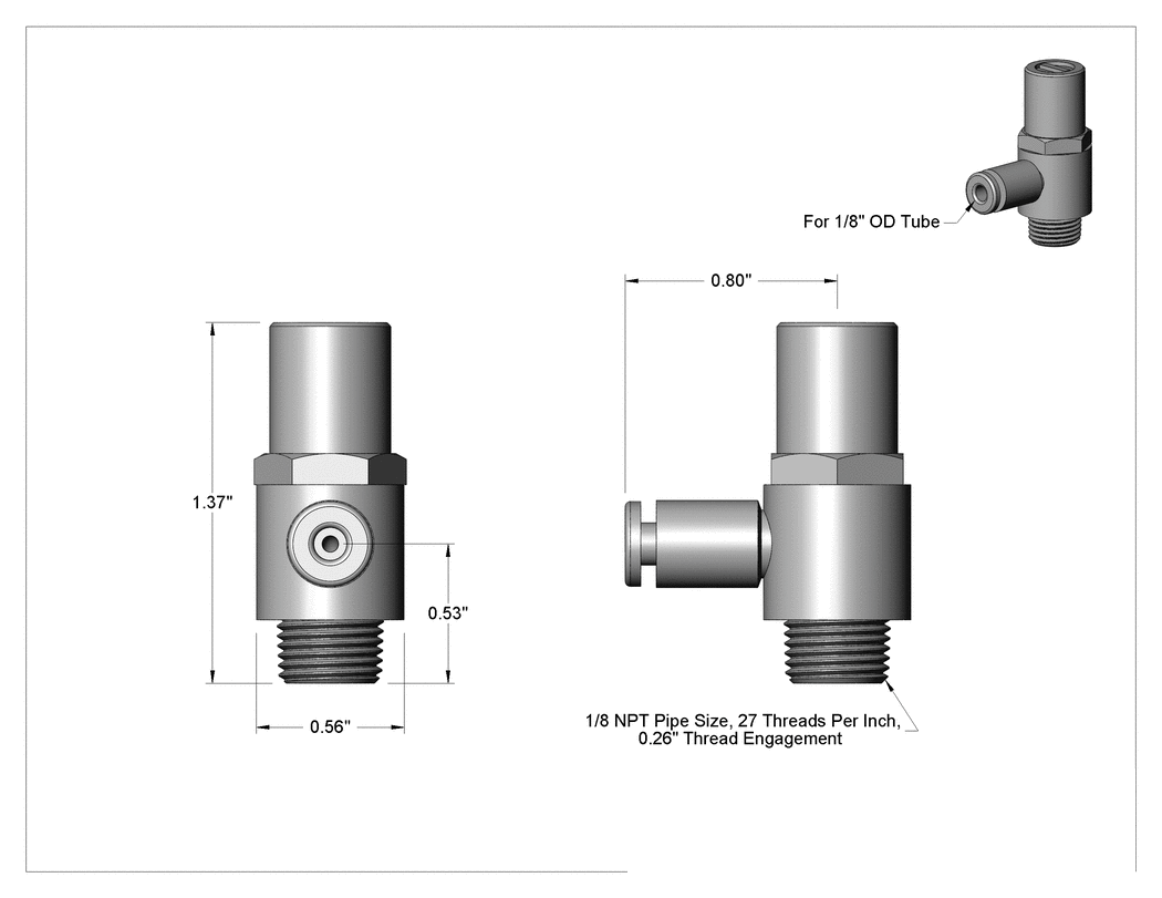 Teknik Çizim - Kurcalamaya Dayanıklı Hava Akışı Kontrol Vanası, 1/8" Push-Connect Dişi Giriş x 1/8 NPT Erkek Çıkış