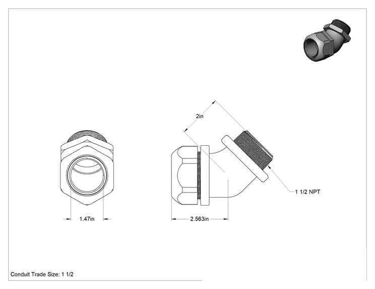 Teknik Çizim - Sıvı Sızdırmaz Esnek Metal Kanal, Paslanmaz Çelik 45 Derece Dirsek, 1-1/2 Anma Ölçüsü Dişi, 1 1/2 NPT Erkek