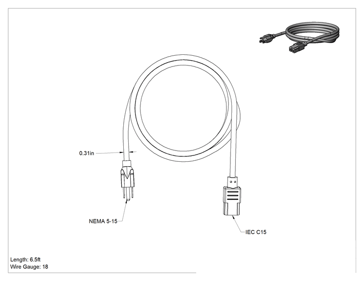 Teknik Çizim - Elektronik Ekipman Güç Kablosu, NEMA 5-15 Fiş x IEC C15 Priz, 6-1/2 Fit Uzunluk, SJT