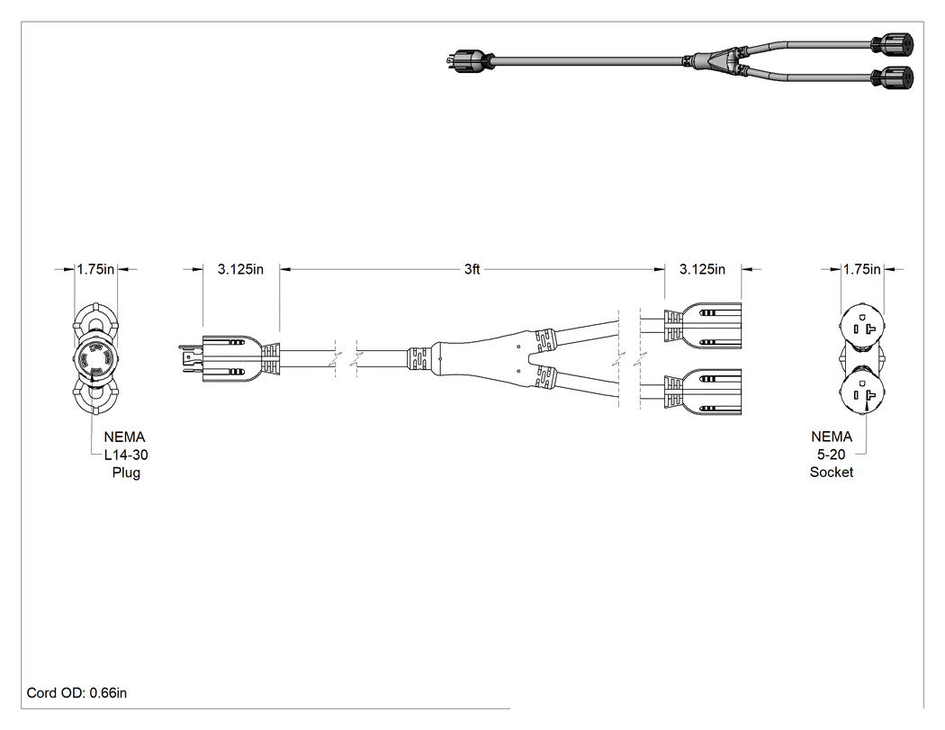 Teknik Çizim - NEMA L14-30 Fiş x NEMA 5-20 Priz Adaptörü
