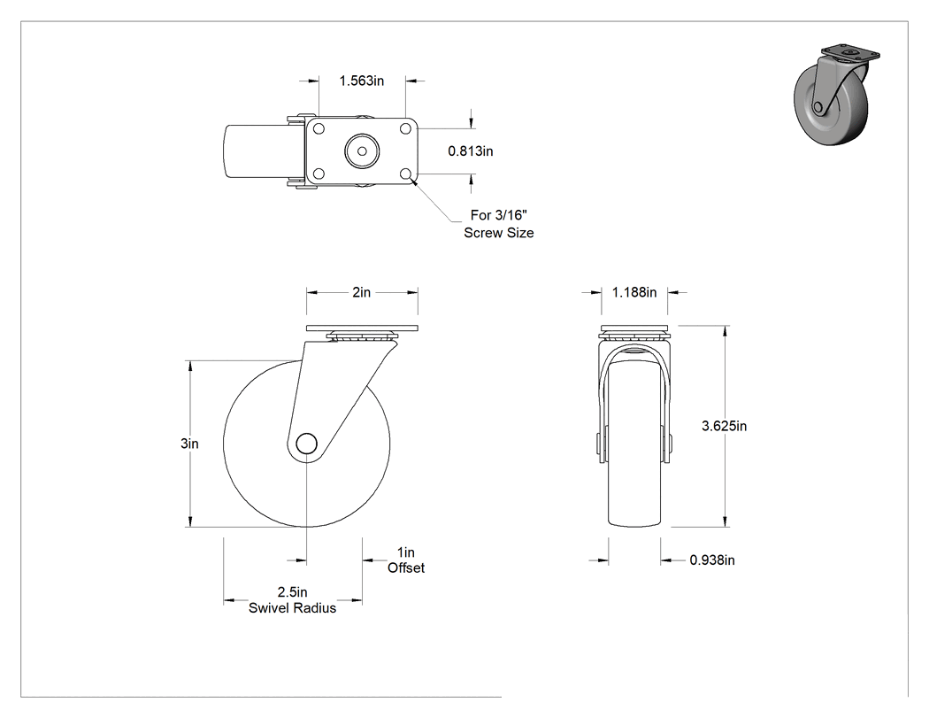 Teknik Çizim - Statik Kontrol Plakalı Tekerlek, 3" Çap x 15/16" Genişlikte Siyah Katı Kauçuk Tekerlekli Döner Tekerlek