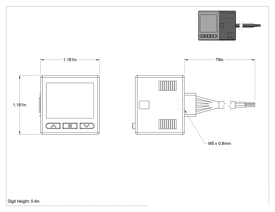 Teknik Çizim - Elektronik Basınç Şalteri, Basınçlı Hava, PNP, NPN ve Io Bağlantısı, M5 x 0.08 Dişi Diş