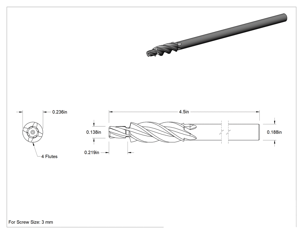 Teknik Çizim - Büyük Boy Yüksek Hızlı Çelik Havşa, 0.5 mm Aşırı Boyut, 3 mm Vida Boyutu için