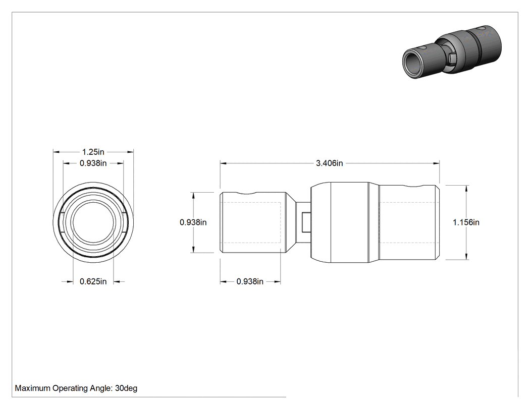 Teknik Çizim - Bilyalı ve Soketli U-Mafsal, 5/8" Çap x 15/16" Derinlikte Mil