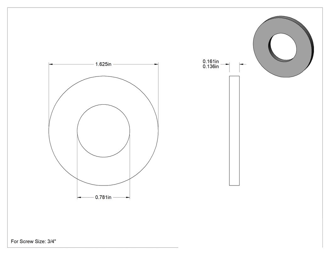 Teknik Çizim - Siyah Oksit Çelik Pul, 3/4" Vida için, 0.781" İç Çap, 1.625" Dış Çap, 0.136" ila 0.161" Kalınlık