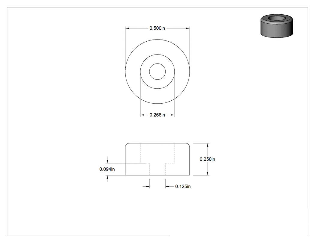 Teknik Çizim - SBR Kauçuk Dişsiz Delikli Tampon, Pullu, 1/2" Dış Çap, 1/4" Yükseklik, 17/64 inç Havşa, Durometre 70A