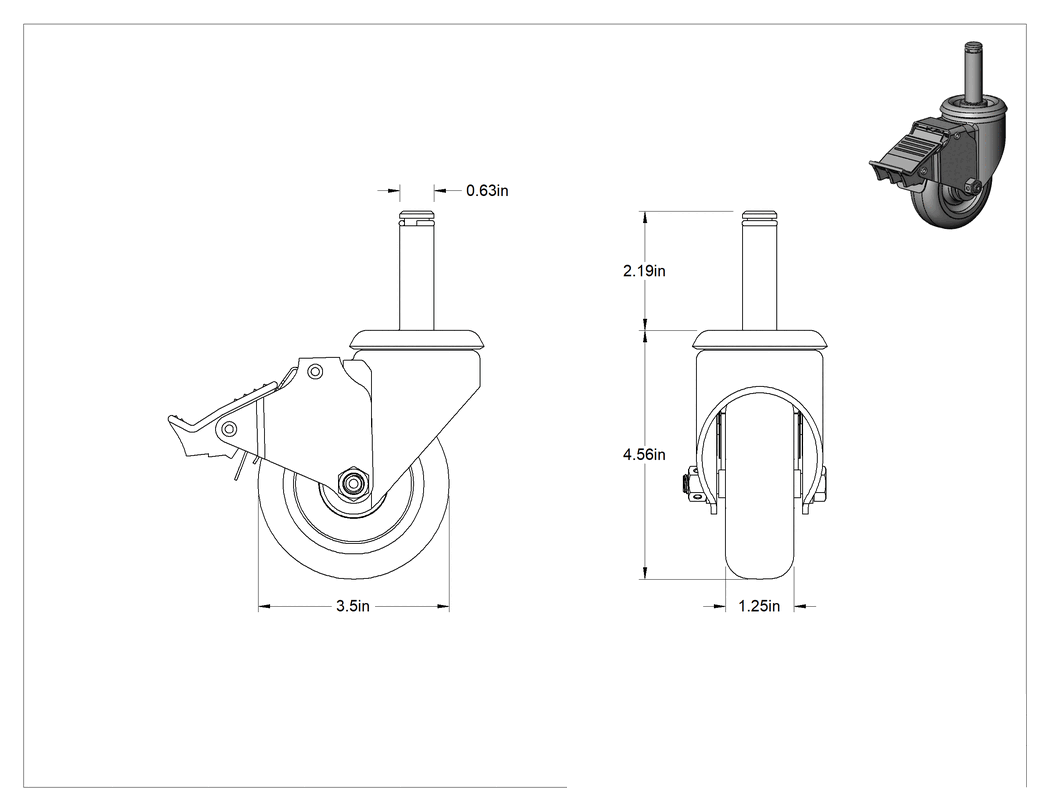 Teknik Çizim - Sürtünmeli Tutuşlu Mil Dönüşlü Tekerlek, Total Lock ve 3-1/2" Çaplı Poliüretan Tekerlekli
