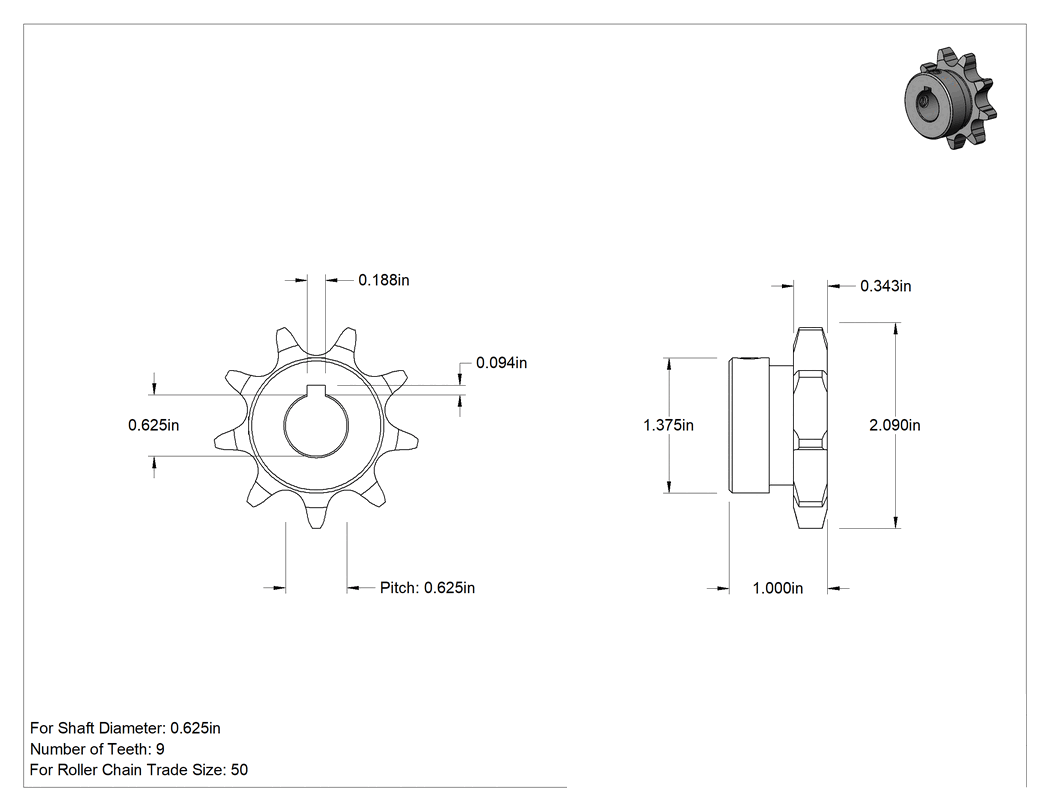 Teknik Çizim - Çelik Tek Sıralı Dişli, ANSI 50 Makaralı Zincir ve 5/8" Mil Çapı için, 9 Diş