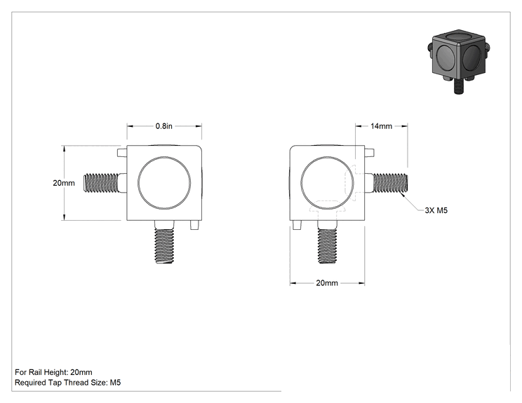 Teknik Çizim - T-Yivli Çerçeve, 20 mm 2 Yuvalı Ray için 3 Yollu Köşe Braketi, Gümüş