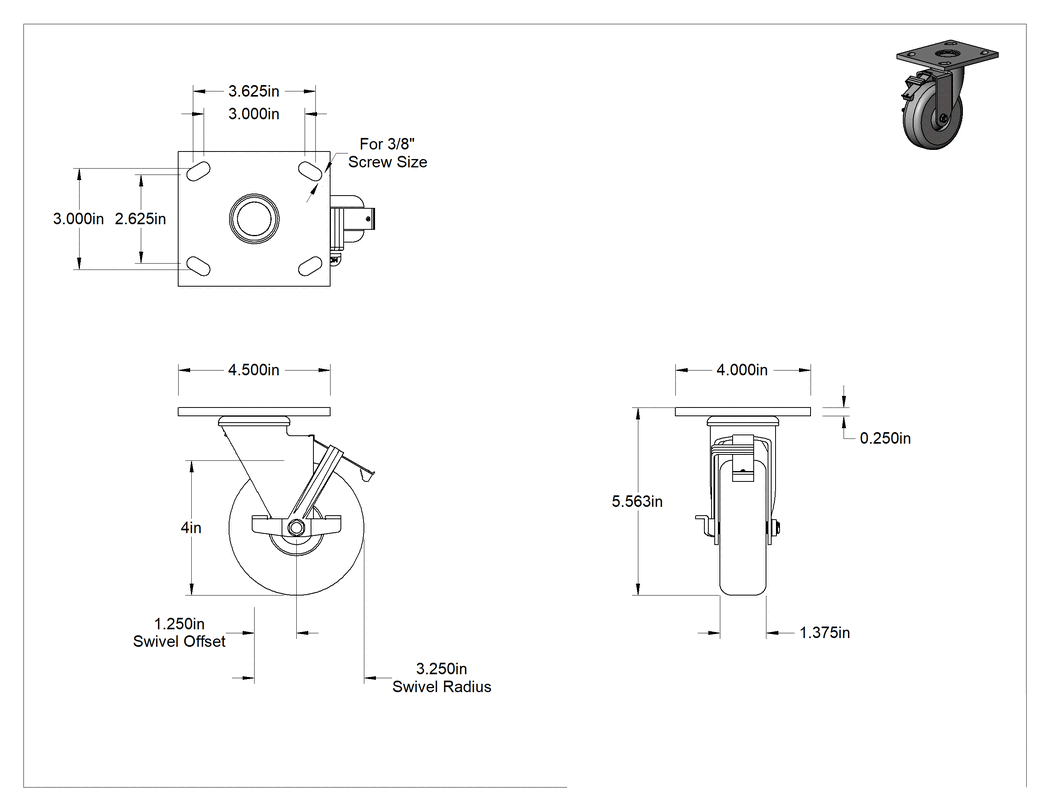 Teknik Çizim - 4-1/2" x 4" Plakalı Parlak Yüzeyli Tekerlek, Frenli ve 4" Çapında Kauçuk Tekerlekli Döner Tekerlek