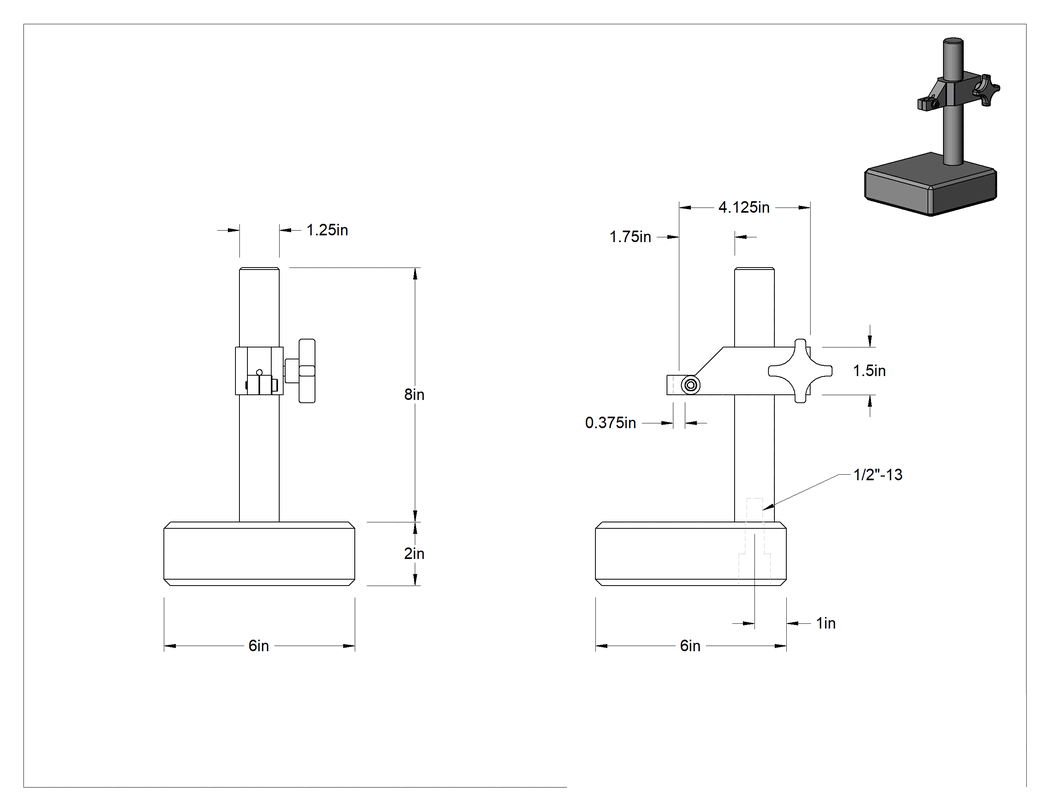 Teknik Çizim - Hassas Ağırlıklı Tabanlı Gösterge Tutucu, NIST Sertifikalı, Gövde Montajı, 1-3/4" Derinliğinde Boğaz