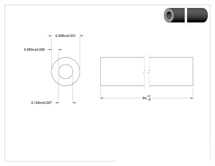 Teknik Çizim - Yuvarlak Çok Amaçlı Neopren Kauçuk Tüp, 1/4" Dış Çap, 1/8" İç Çap, 6 inç Uzunluk, AMS3240/ASTM D2000
