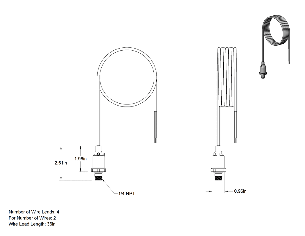 Teknik Çizim - Basınç Transmitteri, 4-20 mA Çıkış, Tel Uçları, 0-1000 PSI