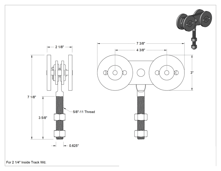 Teknik Çizim - Kapılar için Makaralı Ray için Cıvatalı Askı, Çinko Kaplı Demir, 2-1/4" iç ray genişliği için, 7-1/8" Yükseklik