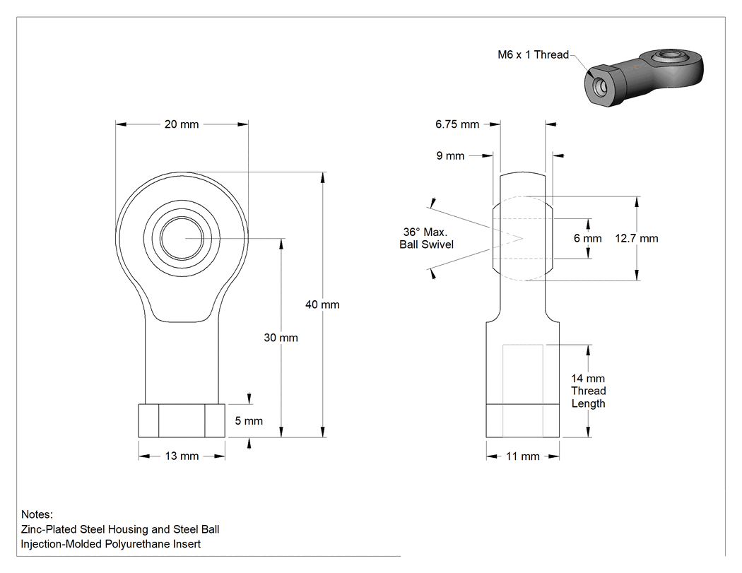 Teknik Çizim - Basınç Dereceli Bilyeli Mafsal Çubuk Ucu, M6 x 1 mm İç Diş, Sağ Yönlü