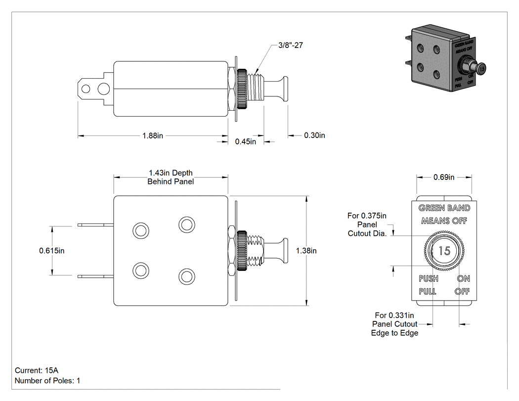 Teknik Çizim - Yerden Tasarruf Sağlayan Panel Montajlı Dal Devre Kesici, 1 Kutuplu Basma Düğmesi Stili, 15A, 120V AC