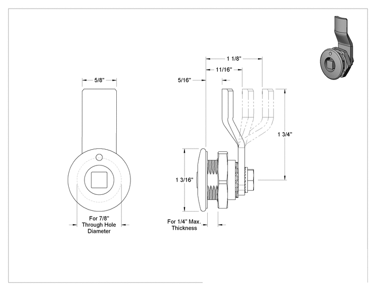 Teknik Çizim - Kare Tahrikli Kam Kilidi, Krom Kaplı Çinko, 1/4" Maksimum Kalınlık için, 1-3/16" Baş Çapı