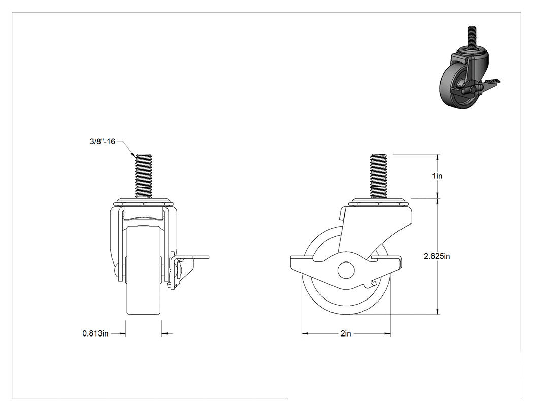 Teknik Çizim - Dişli Saplı Döner Tekerlek, Frenli, Düşük Profil, 3/8"-16, 2" Çaplı Polipropilen Tekerlek, 1" Uzunluk