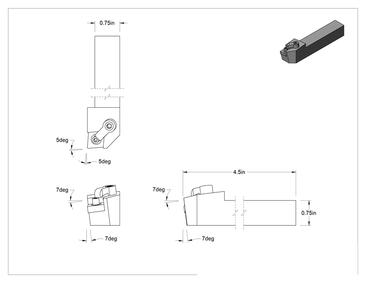 Teknik Çizim - Döner Karbür Uç Tutucu, MCLN, Sol Yönlü, 1/2" iç çaplı daire çapı için, 3/4" Şaft Genişliği
