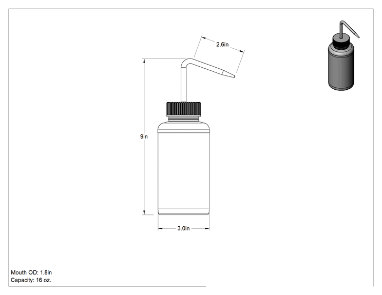 Teknik Çizim - Açılı Nozullu Sıkma Şişesi, Havalandırmasız Kapak, 16 FL. oz Kapasite, 3" Çap x 9" Yükseklik