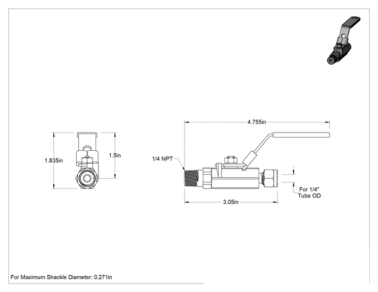 Teknik Çizim - Sıkıştırma Bağlantı Parçalı Açma-Kapama Vanası, 316 Paslanmaz Çelik ile Kilitlenebilir Tutamak, 1/4" Boru Dış Çapı x 1/4 NPT Erkek