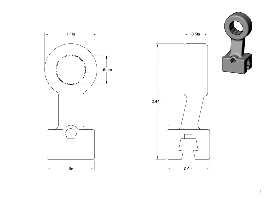 Teknik Çizim - 15 mm Tahrik Boyutu, Değiştirilebilir Başlıklı Tork Anahtarı için Cırcırsız Kutu Başlı