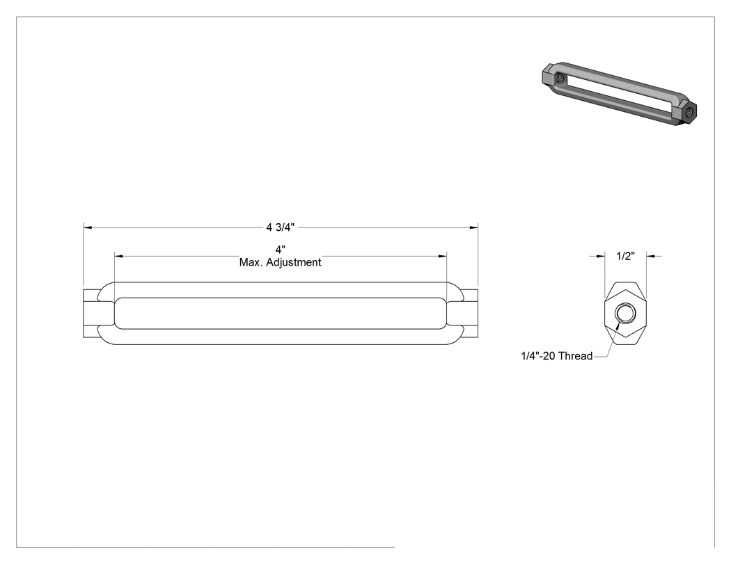 Teknik Çizim - 316 Paslanmaz Çelik Gerdirme - Kaldırma Amaçlı Değil, Sadece Gövde, 1/4"-20 Diş Boyutu