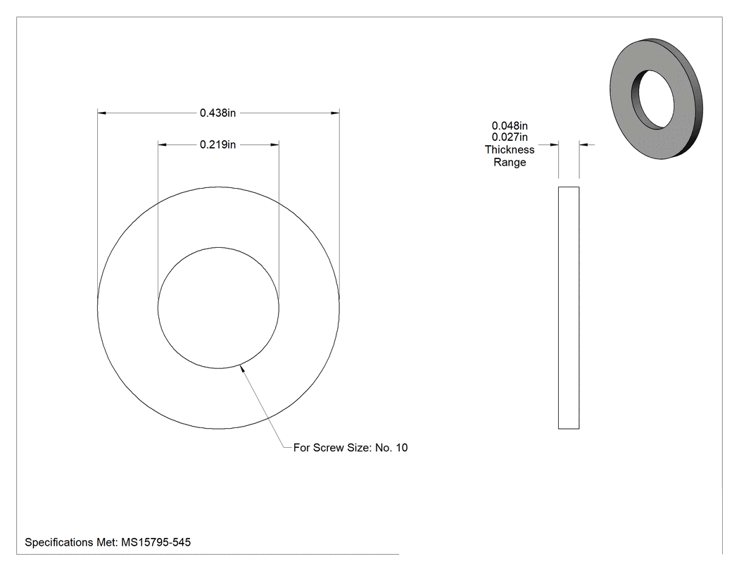 Teknik Çizim - Bakır Mil. Spec. Pul, 10 Numaralı Vida Boyutu için, 0.219" İç Çap, 0.438" Dış Çap, MS15795-545