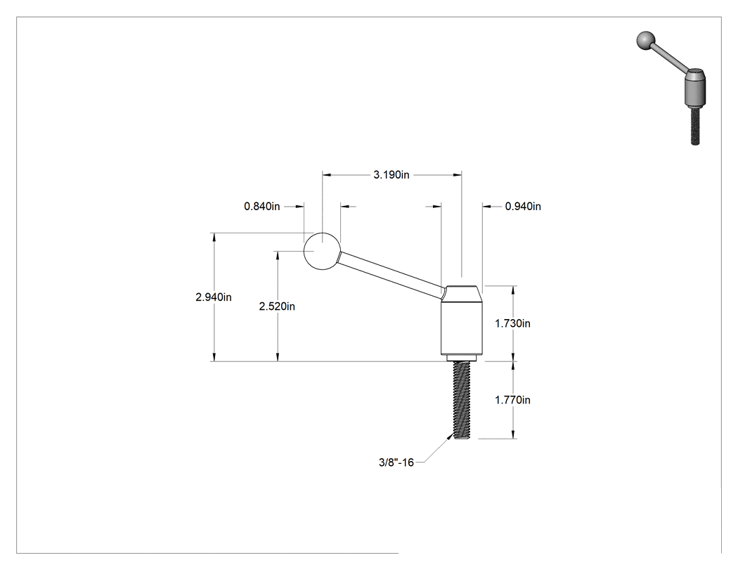 Teknik Çizim - Çelik Ayarlanabilir Tutamak, 3/8"-16 Dişli 1-3/4" Uzunlukta Saplamalı, 2-15/16" Çıkıntı